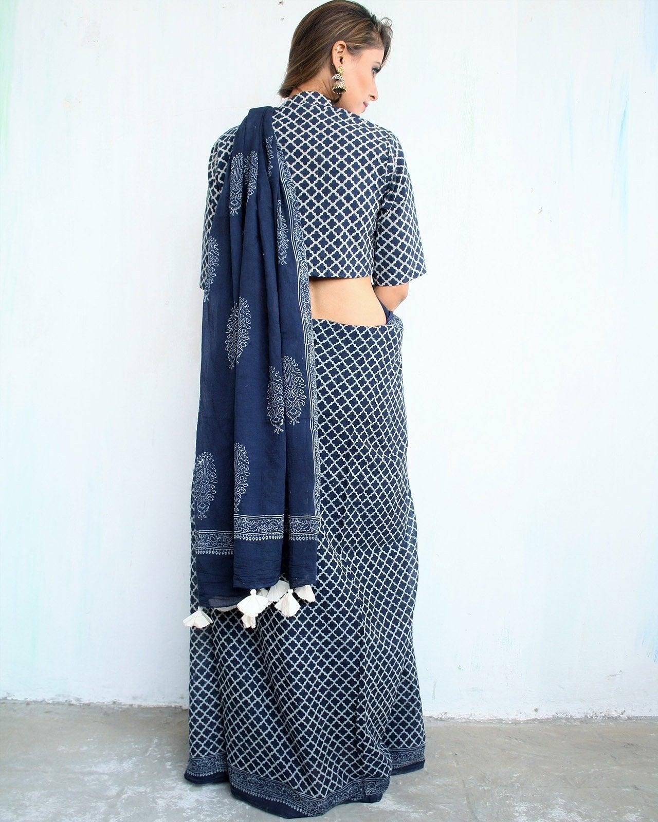 Indigo Horizon Handblockprinted Cotton Saree - Image 4