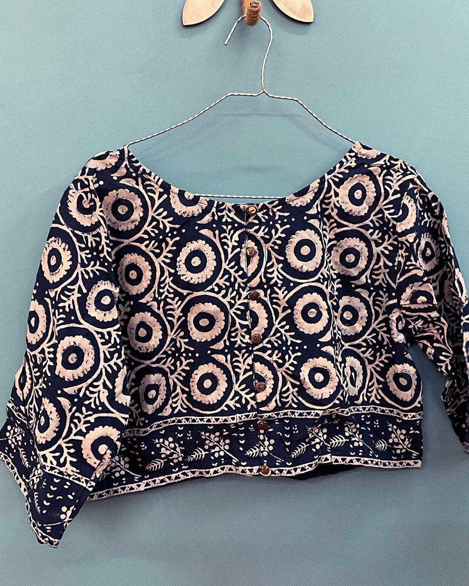 Blue Block Printed Crop Top Cotton Blouse - Image 3