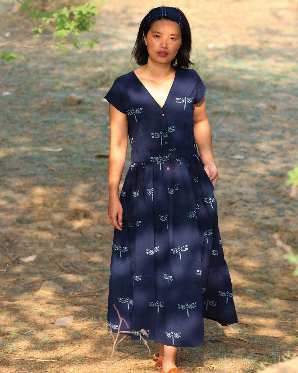 Blue Blockprinted Dragonfly Cotton Dress-Moh - Image 4