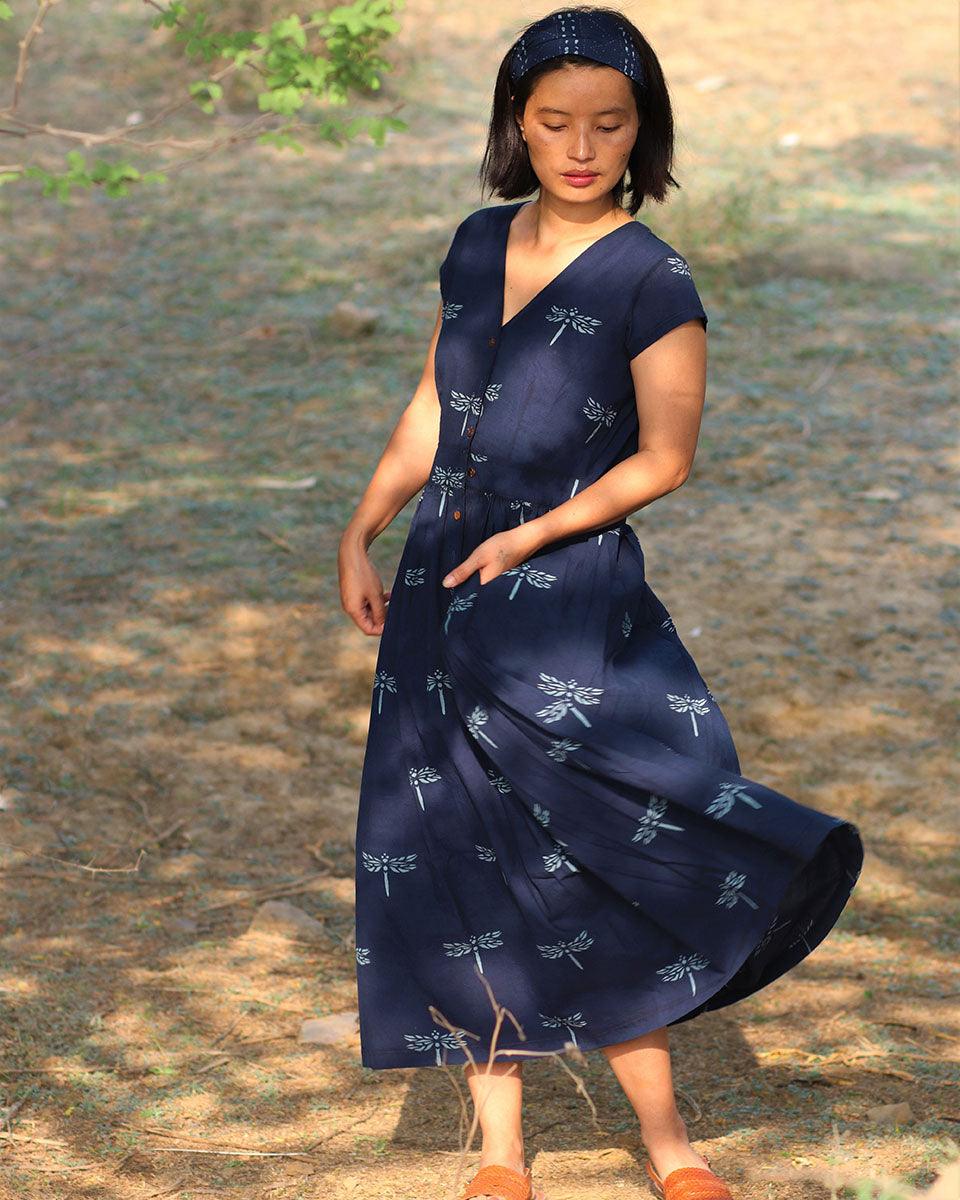 Blue Blockprinted Dragonfly Cotton Dress-Moh - Image 7