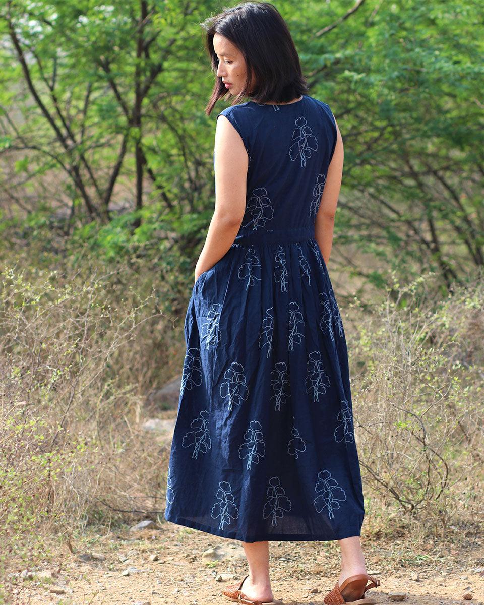 Blue Blockprinted Cotton Dress-Moh - Image 4