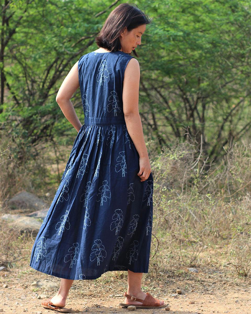 Blue Blockprinted Cotton Dress-Moh - Image 5
