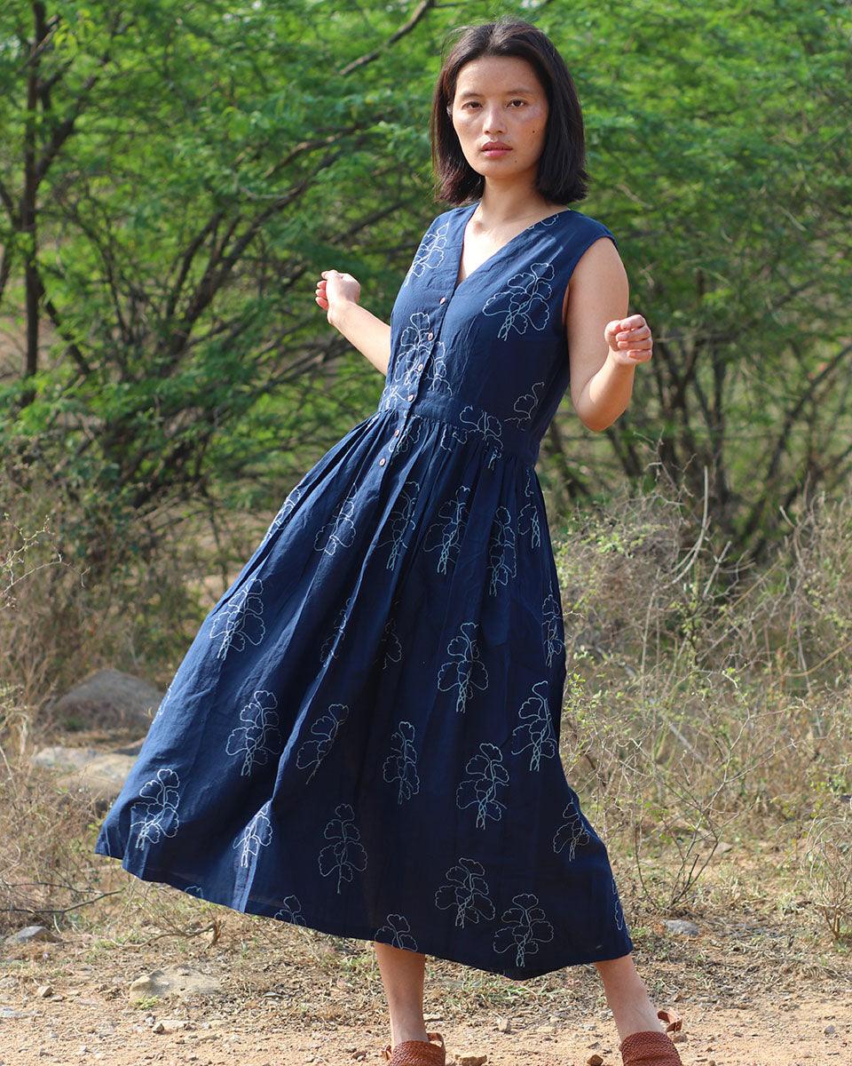 Blue Blockprinted Cotton Dress-Moh - Image 7