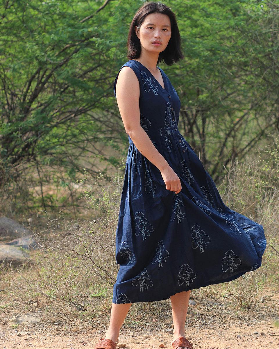 Blue Blockprinted Cotton Dress-Moh - Image 8