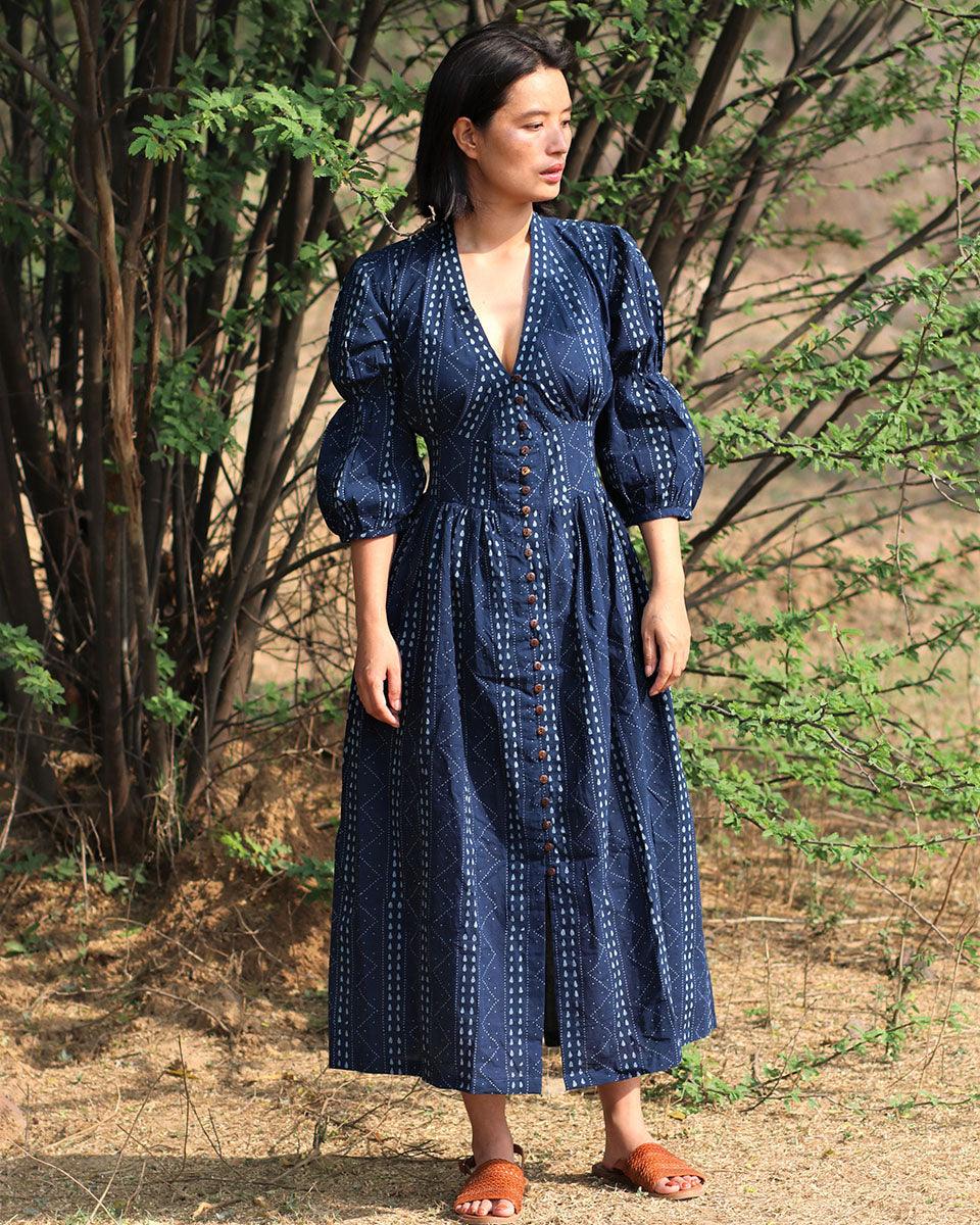 Blue Blockprinted Jal Cotton Dress-Moh - Image 2