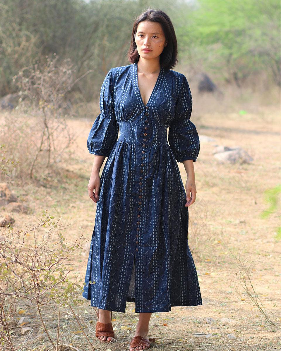 Blue Blockprinted Jal Cotton Dress-Moh - Image 6