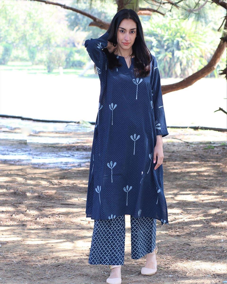 Blue Block printed Cotton Kurta With Palazzo (Set Of 2) - Image 2