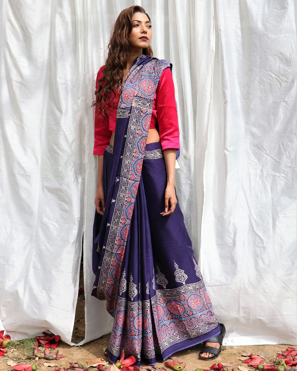 Blue Modal Silk Blockprinted Saree - Kite - Image 3