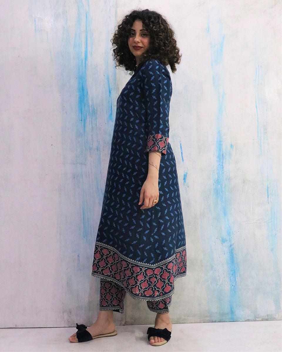 Blue Border Block Print Cotton Kurta Set Of 2- Wbs - Image 2