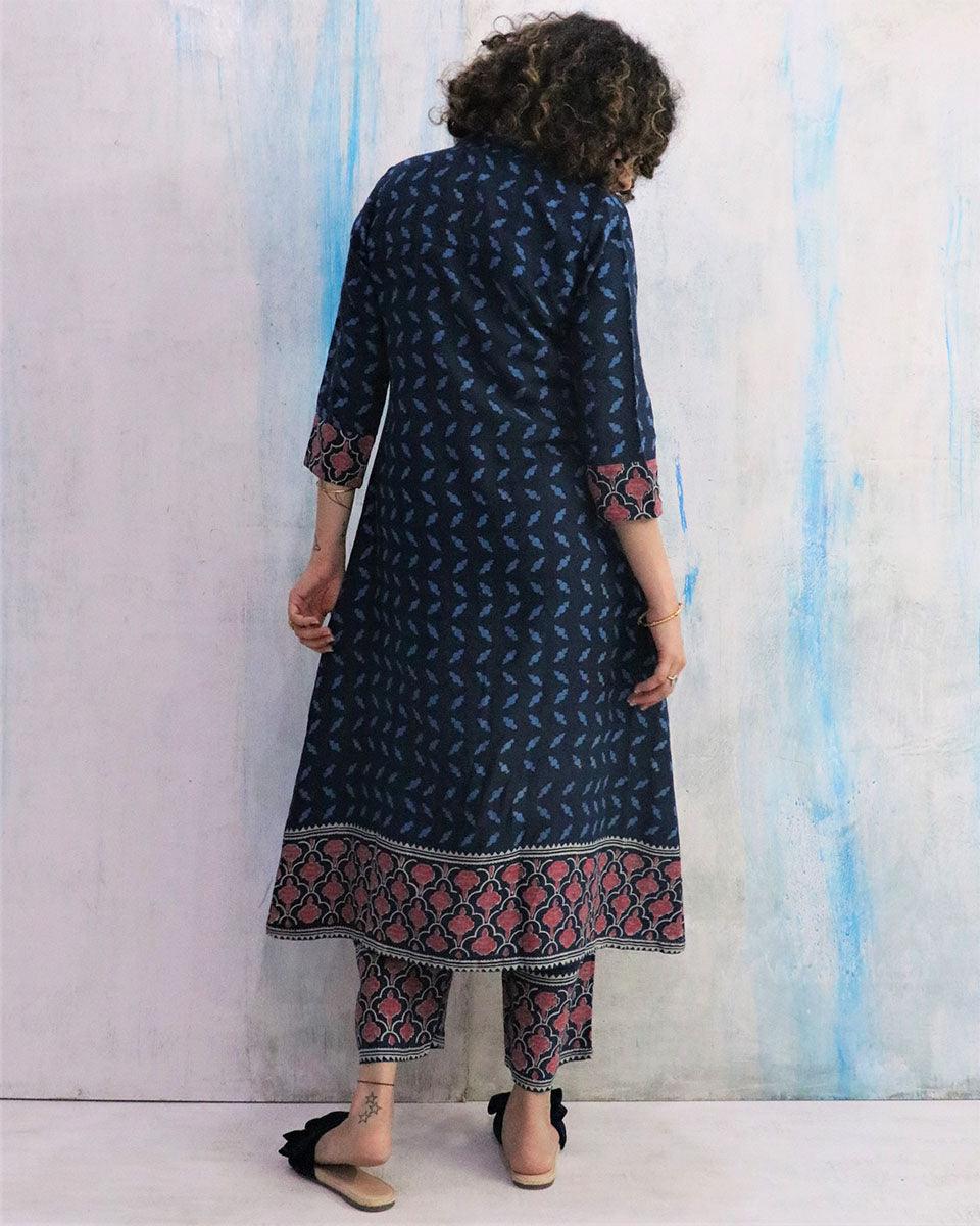 Blue Border Block Print Cotton Kurta Set Of 2- Wbs - Image 4