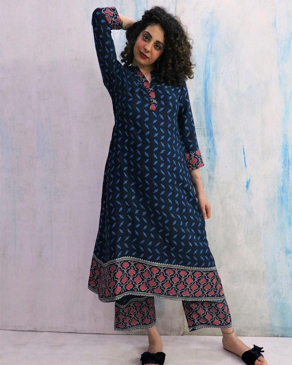 Blue Border Block Print Cotton Kurta Set Of 2- Wbs - Image 5