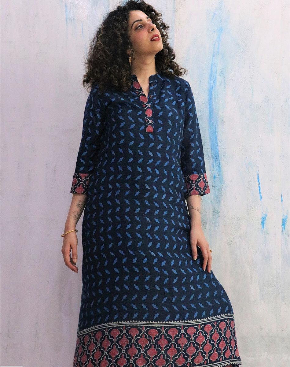 Blue Border Block Print Cotton Kurta Set Of 2- Wbs - Image 6