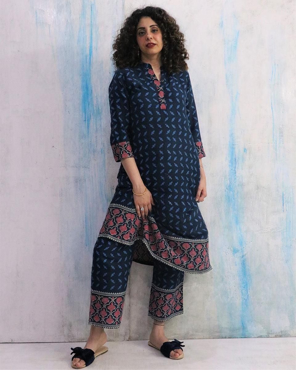 Blue Border Block Print Cotton Kurta Set Of 2- Wbs - Image 7
