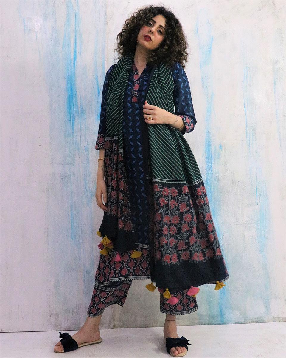 Blue Border Block Print Cotton Kurta Set Of 2- Wbs - Image 8