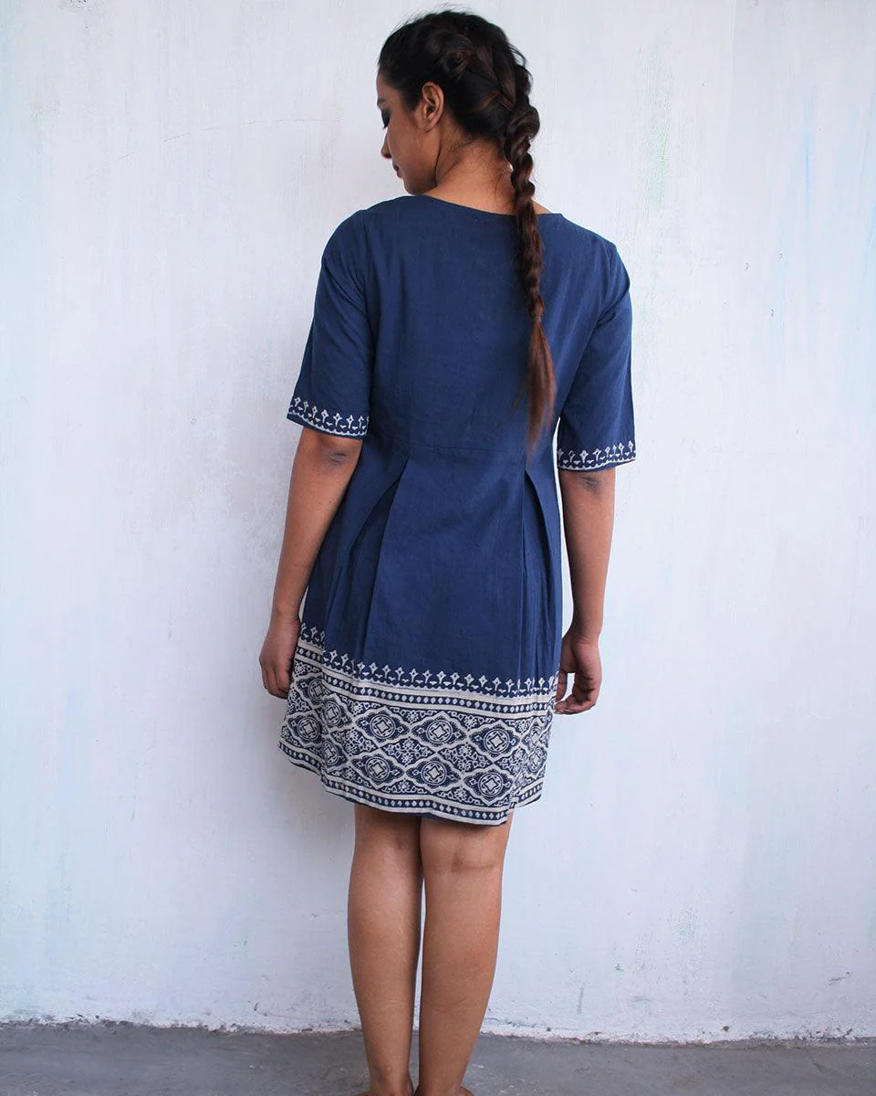 Blue Border Blockprinted Cotton Dress - Image 2