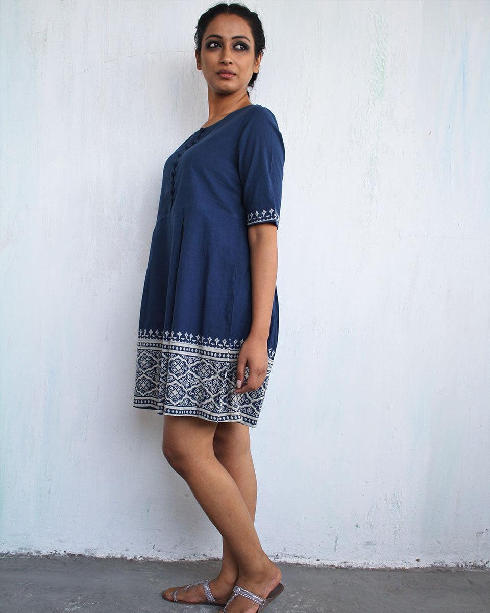 Blue Border Blockprinted Cotton Dress - Image 4