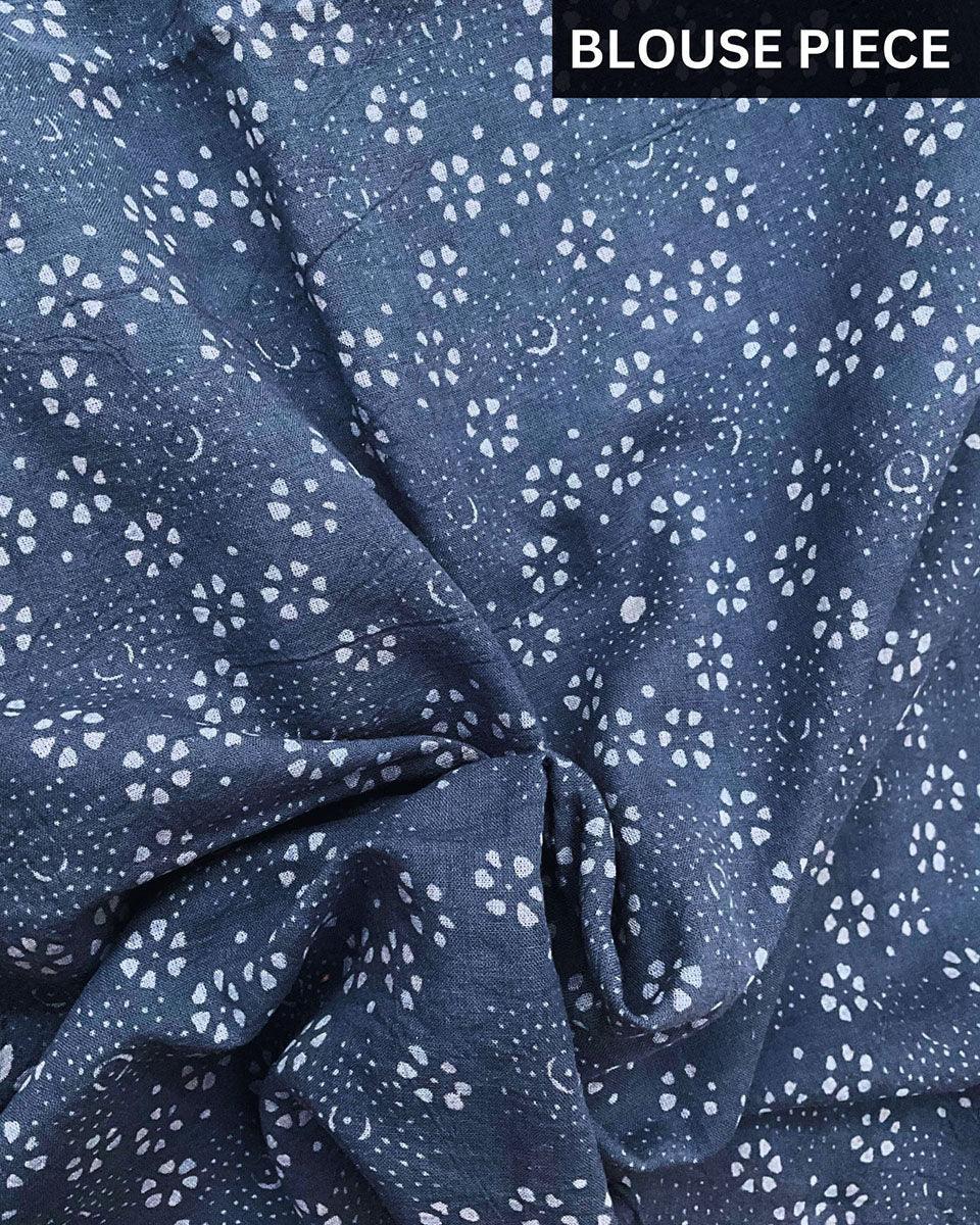 Blue Check And Floral Hand Blockprinted Cotton Mul Saree - Image 4
