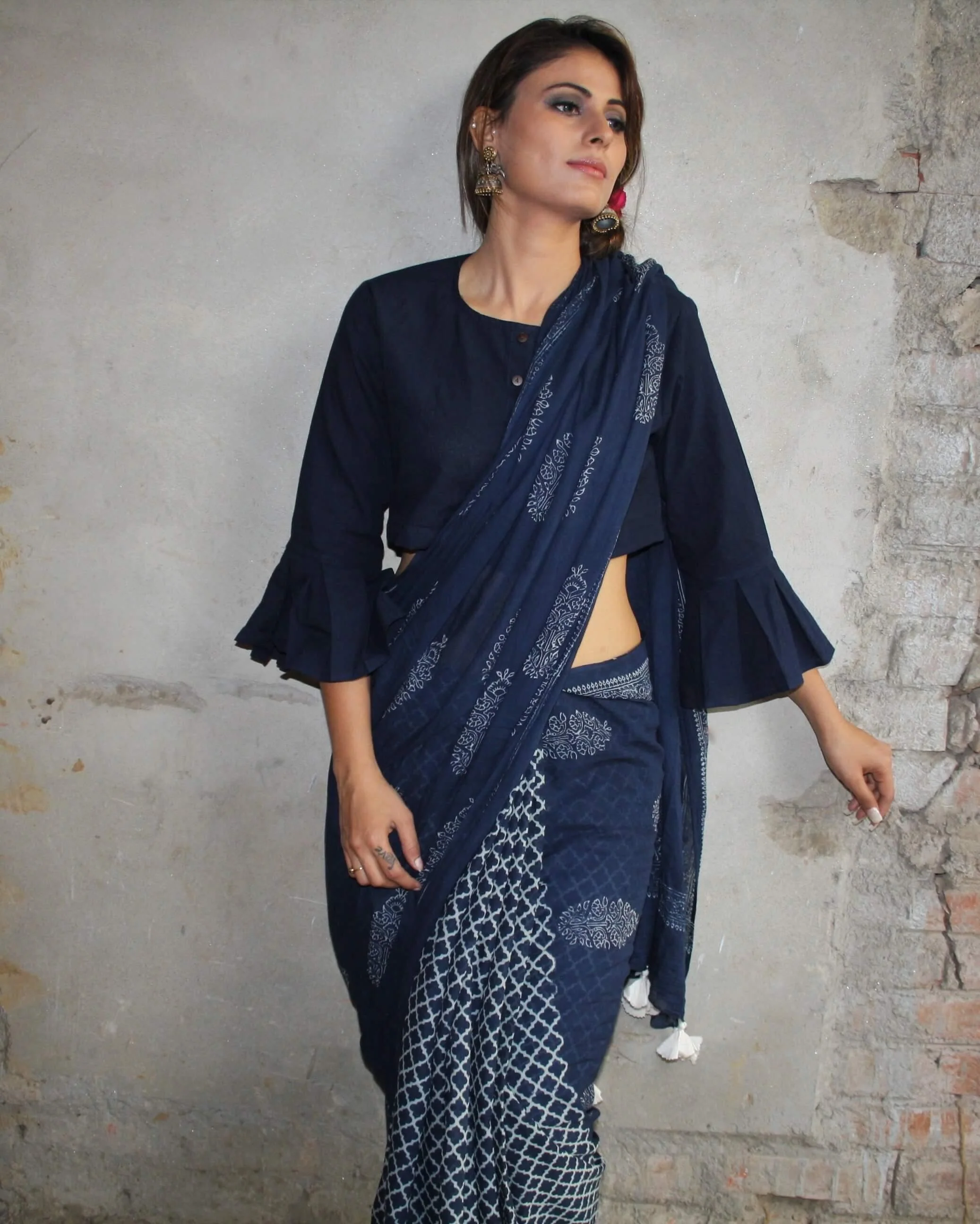 Blue Cotton Crop Top Blouse With Bell Sleeves - Image 2