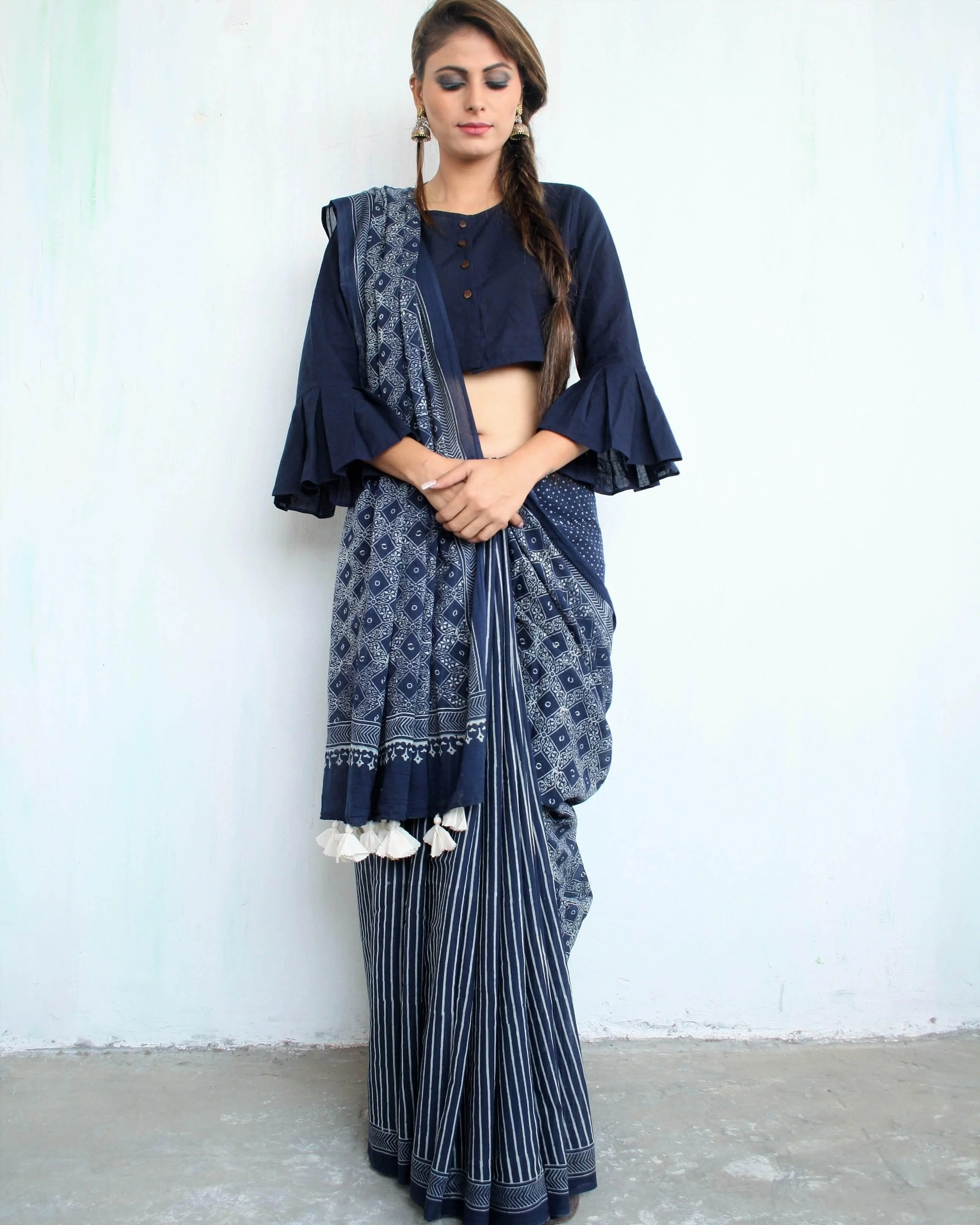 Blue Cotton Crop Top Blouse With Bell Sleeves - Image 5