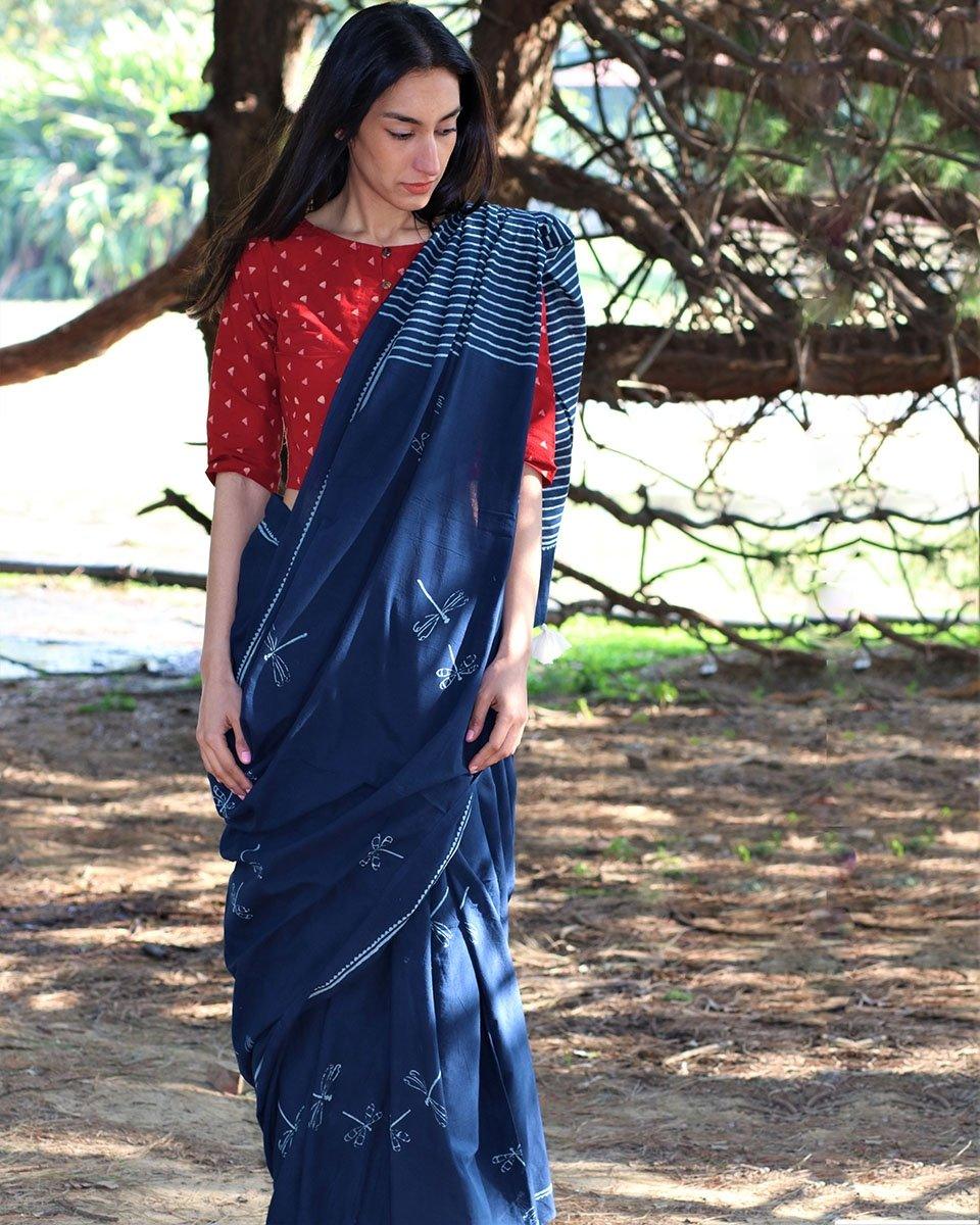 Dragonfly Flight Hand Blockprinted Cotton Saree - Image 5