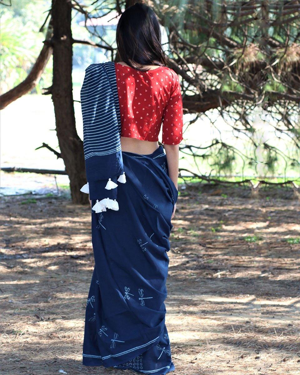 Dragonfly Flight Hand Blockprinted Cotton Saree - Image 6