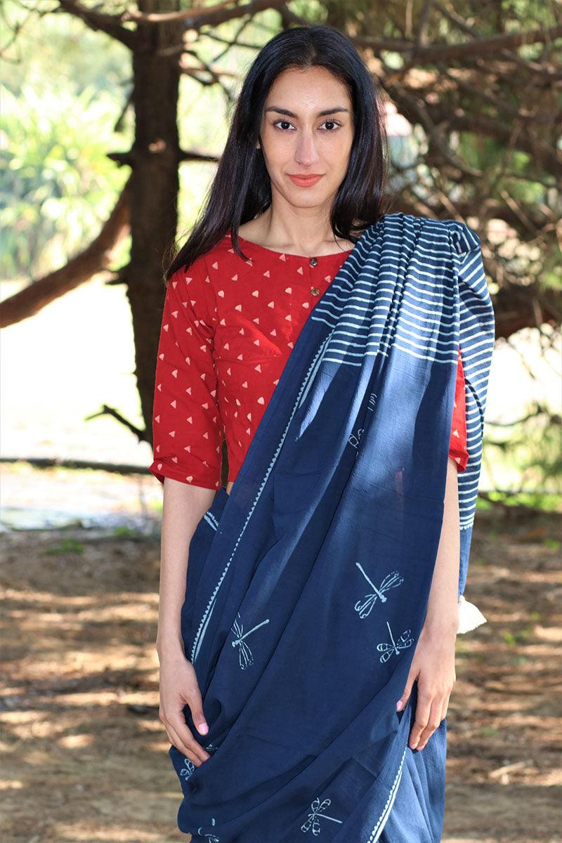 Dragonfly Flight Hand Blockprinted Cotton Saree - Image 8