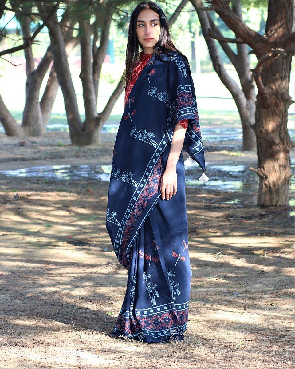 Dragonfly Glory Handblockprinted Mulmul Cotton Saree - Image 2