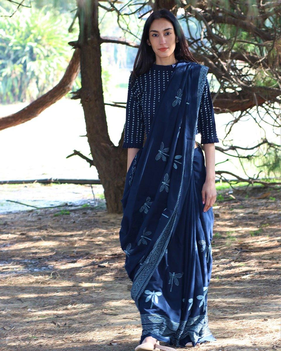Dragonfly Meadow Blue Hand Blockprinted Cotton Saree - Image 5