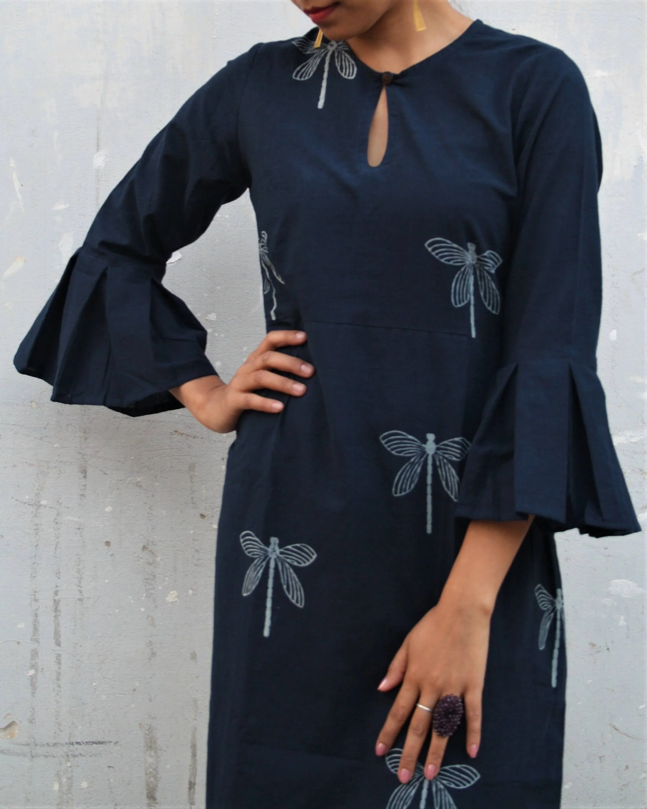 Blue Dragonfly Blockprinted Cotton Dress - Image 2