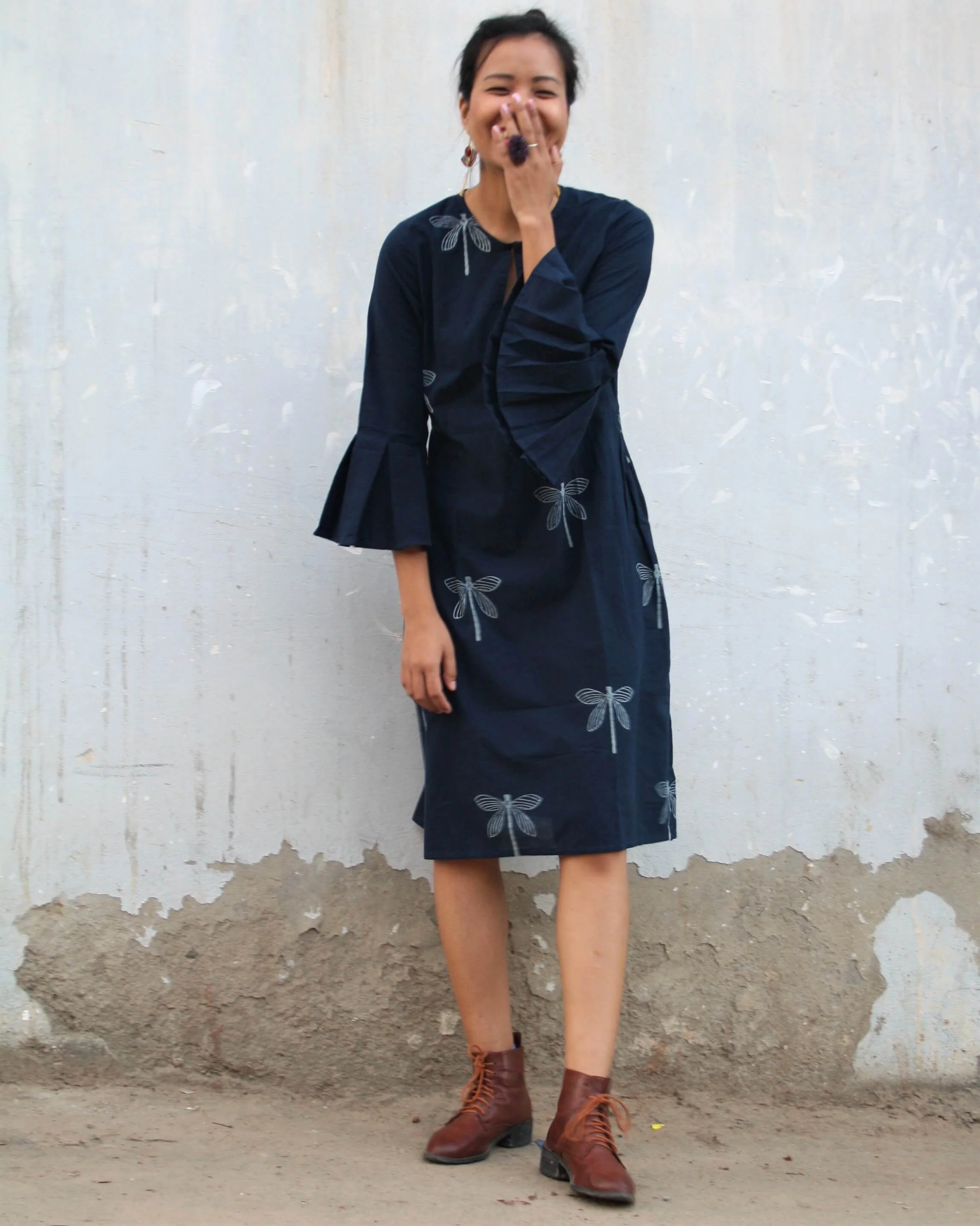 Blue Dragonfly Blockprinted Cotton Dress - Image 4