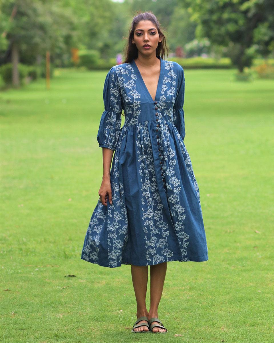 Blue Floral Block Printed Front Slit Cotton Dress-Mon - Image 2