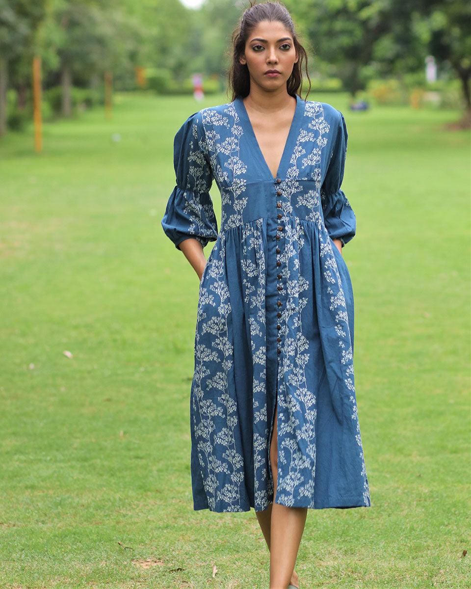 Blue Floral Block Printed Front Slit Cotton Dress-Mon - Image 4