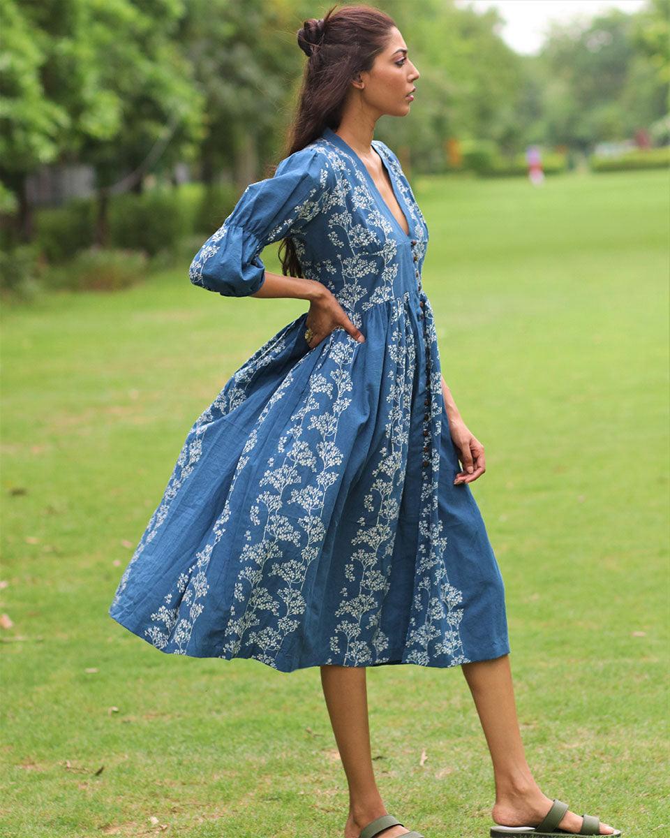 Blue Floral Block Printed Front Slit Cotton Dress-Mon - Image 7