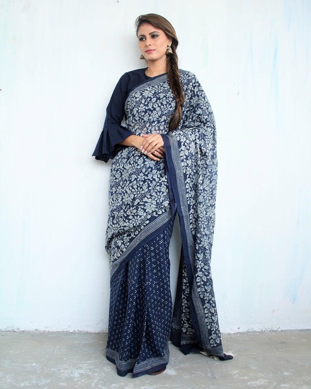 Indigo Garden Hand Blockprinted Cotton Saree