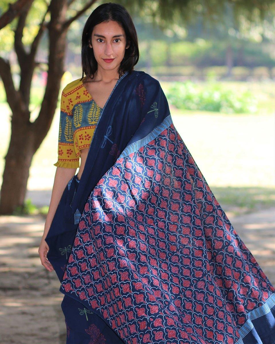 Dragonfly Dream Hand Blockprinted Cotton Saree - Image 5