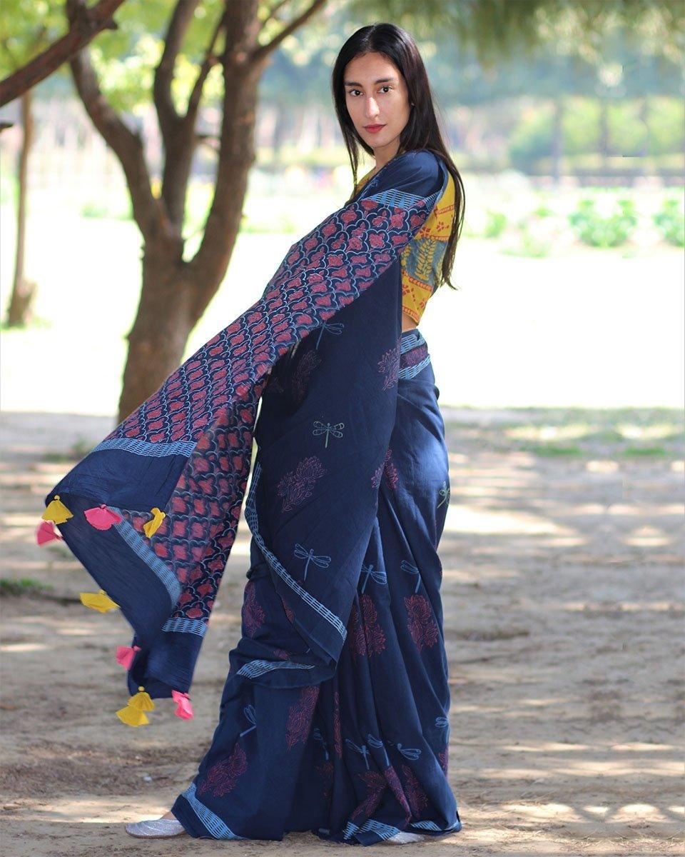 Dragonfly Dream Hand Blockprinted Cotton Saree - Image 6