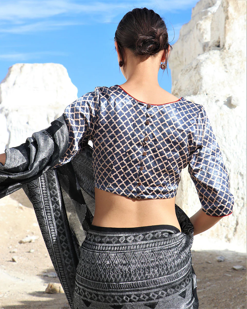 Blue Jaali Blockprinted Mashru Silk Blouse-Lagn - Image 4