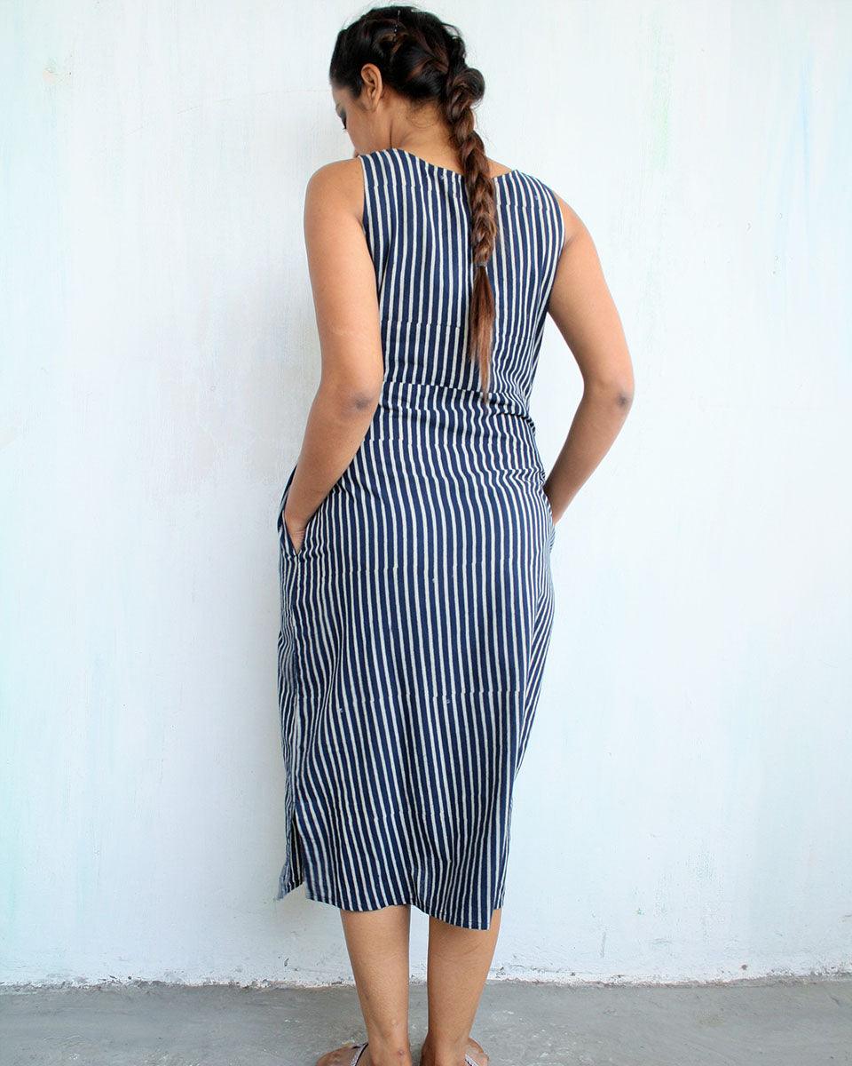 Blue Line Blockprinted Cotton Dress - Image 4