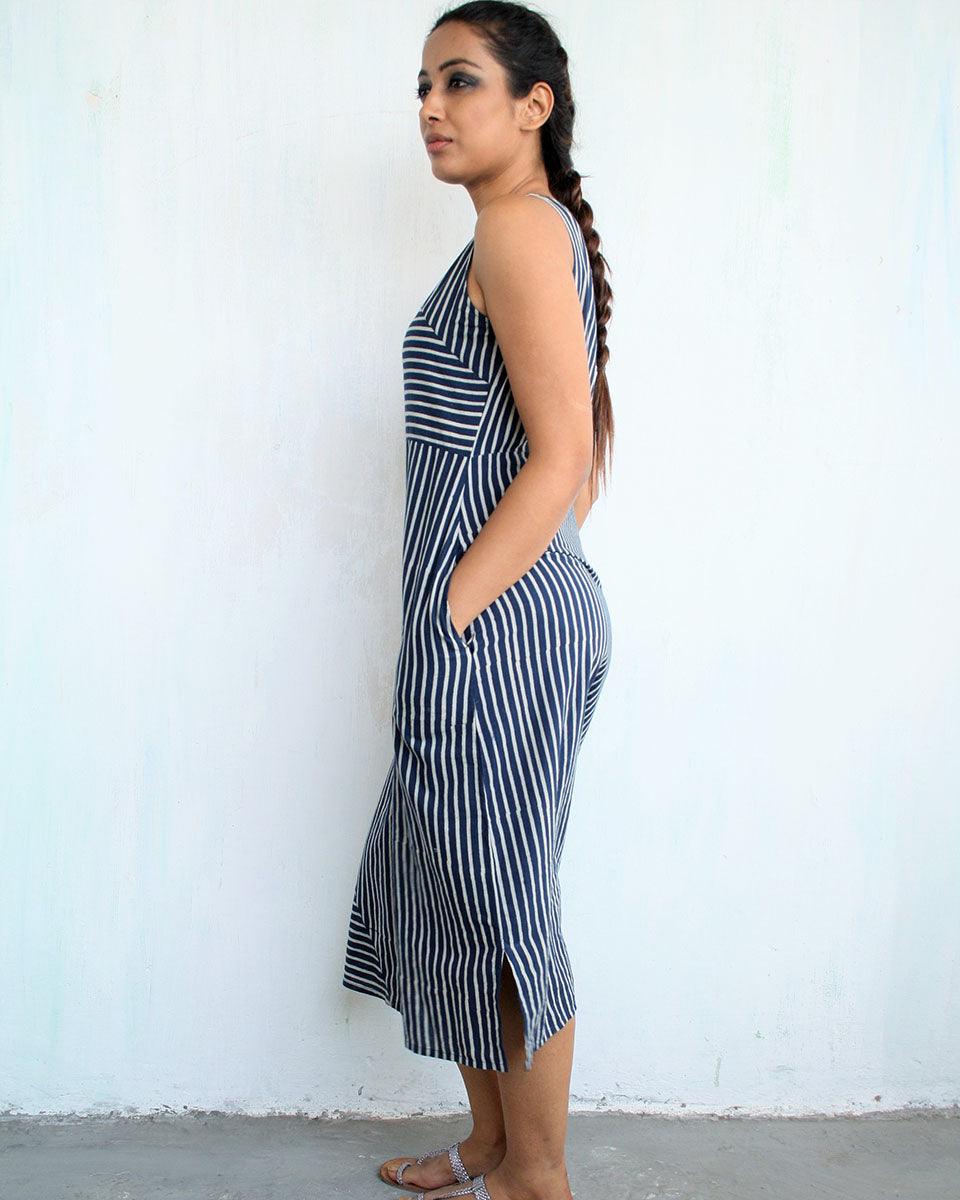 Blue Line Blockprinted Cotton Dress - Image 5