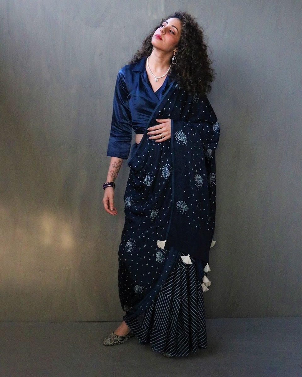 Blue Luna Block Printed Modal Silk Saree - Image 2