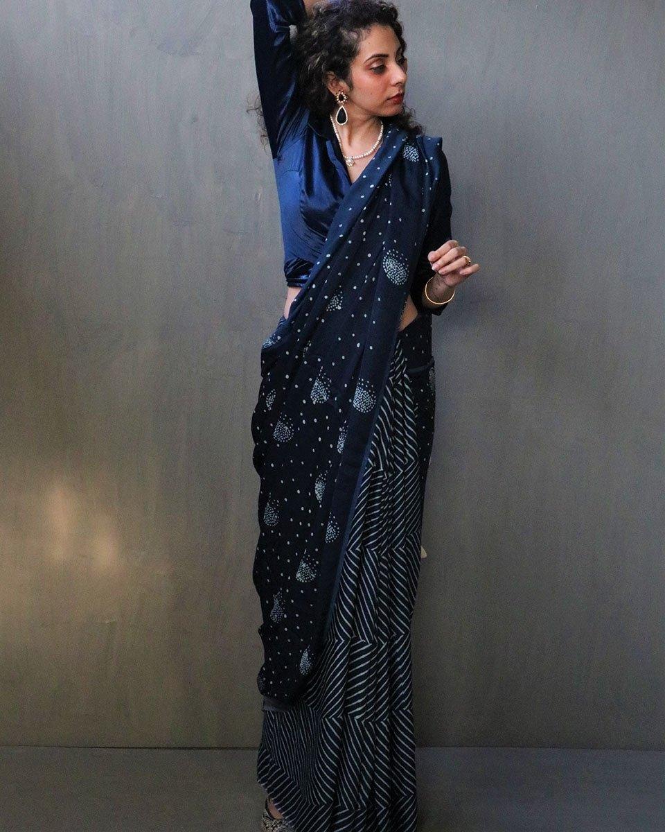 Blue Luna Block Printed Modal Silk Saree - Image 5