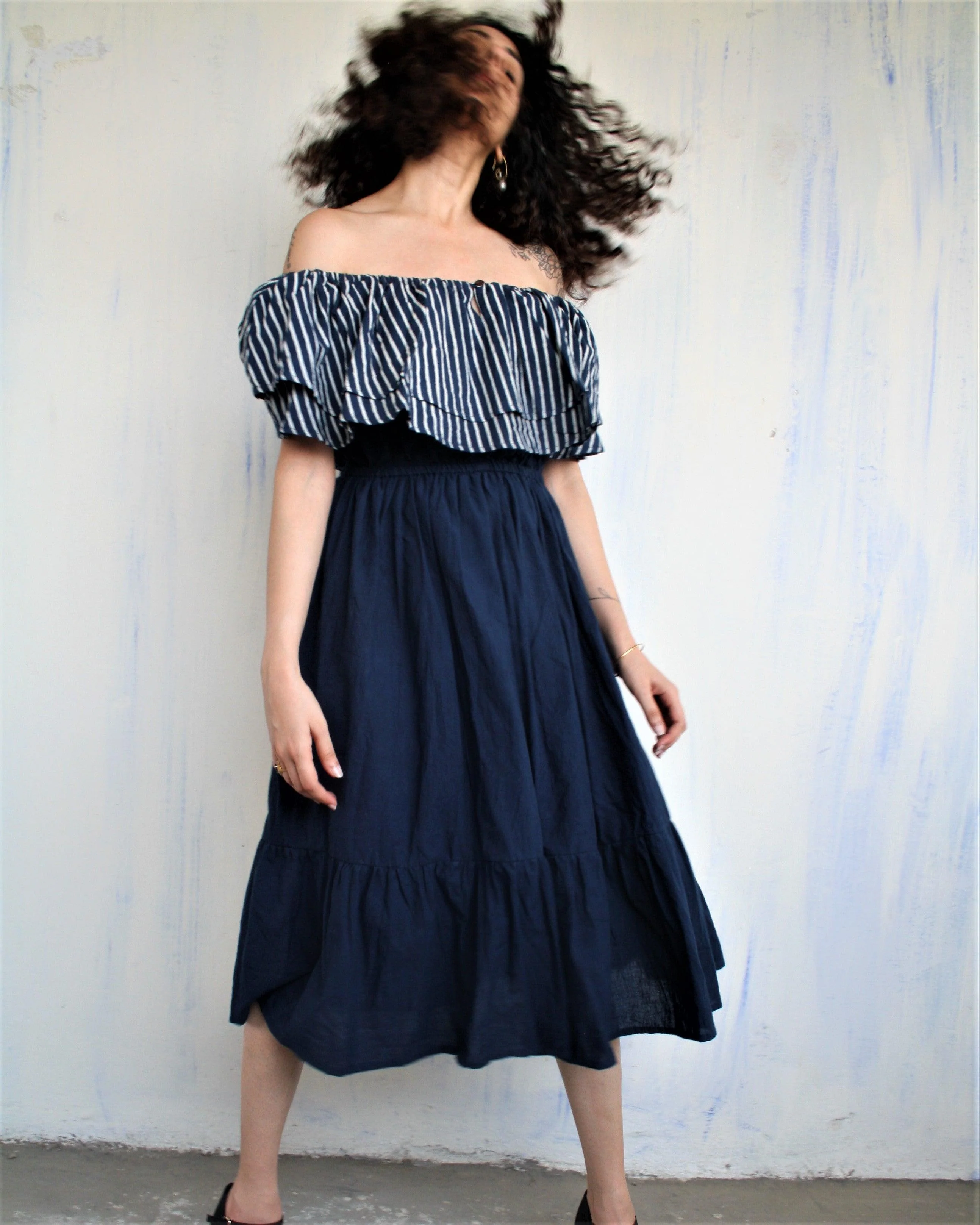 Blue Offshoulder Blockprinted Cotton Dress - Image 2