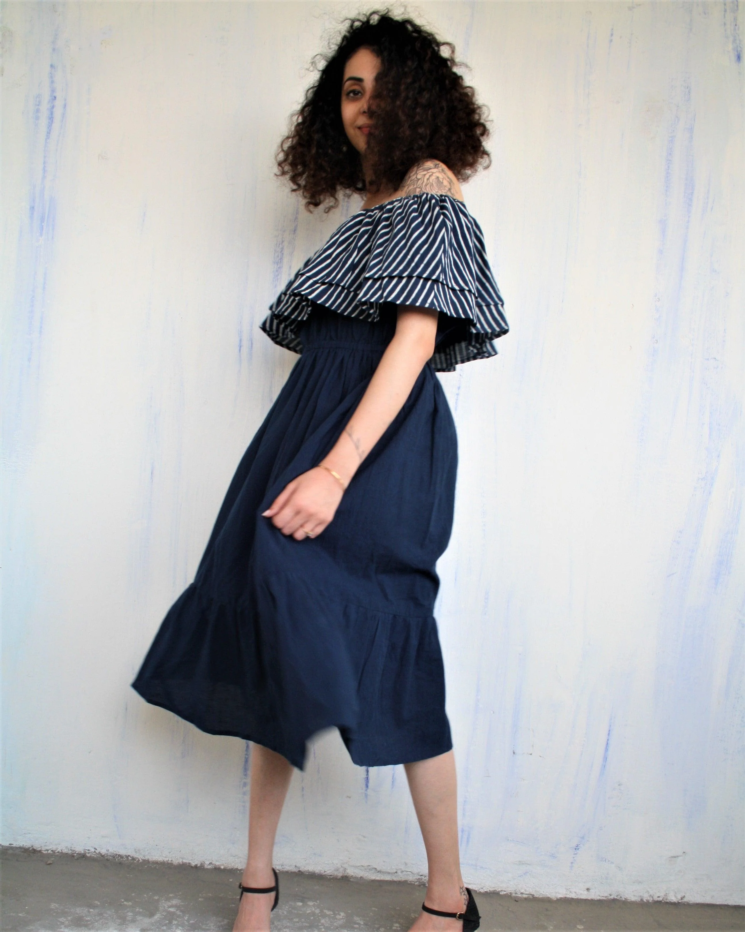 Blue Offshoulder Blockprinted Cotton Dress - Image 5