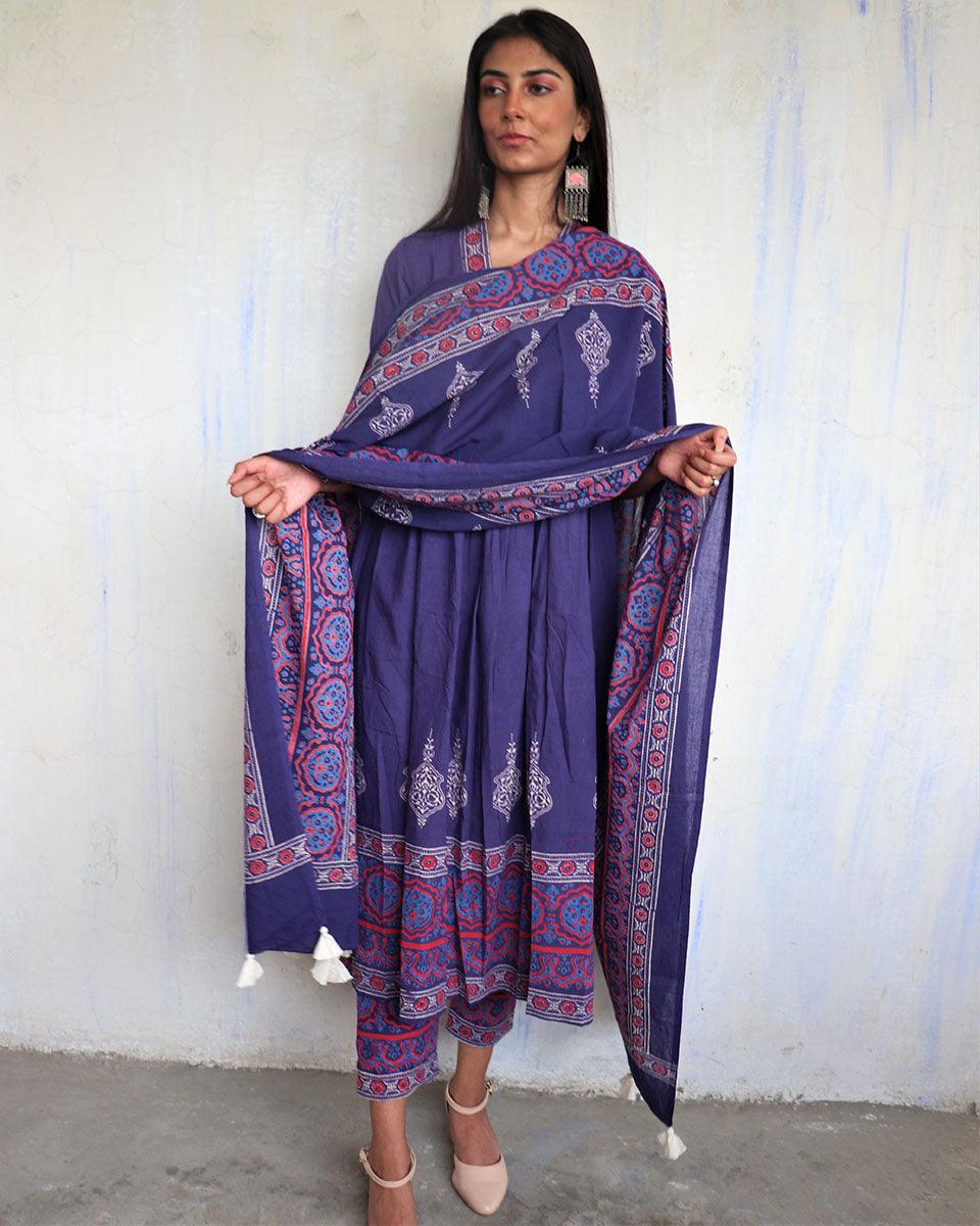 Blue Pure Cotton Block Printed Dupatta-Ajooni - Image 4