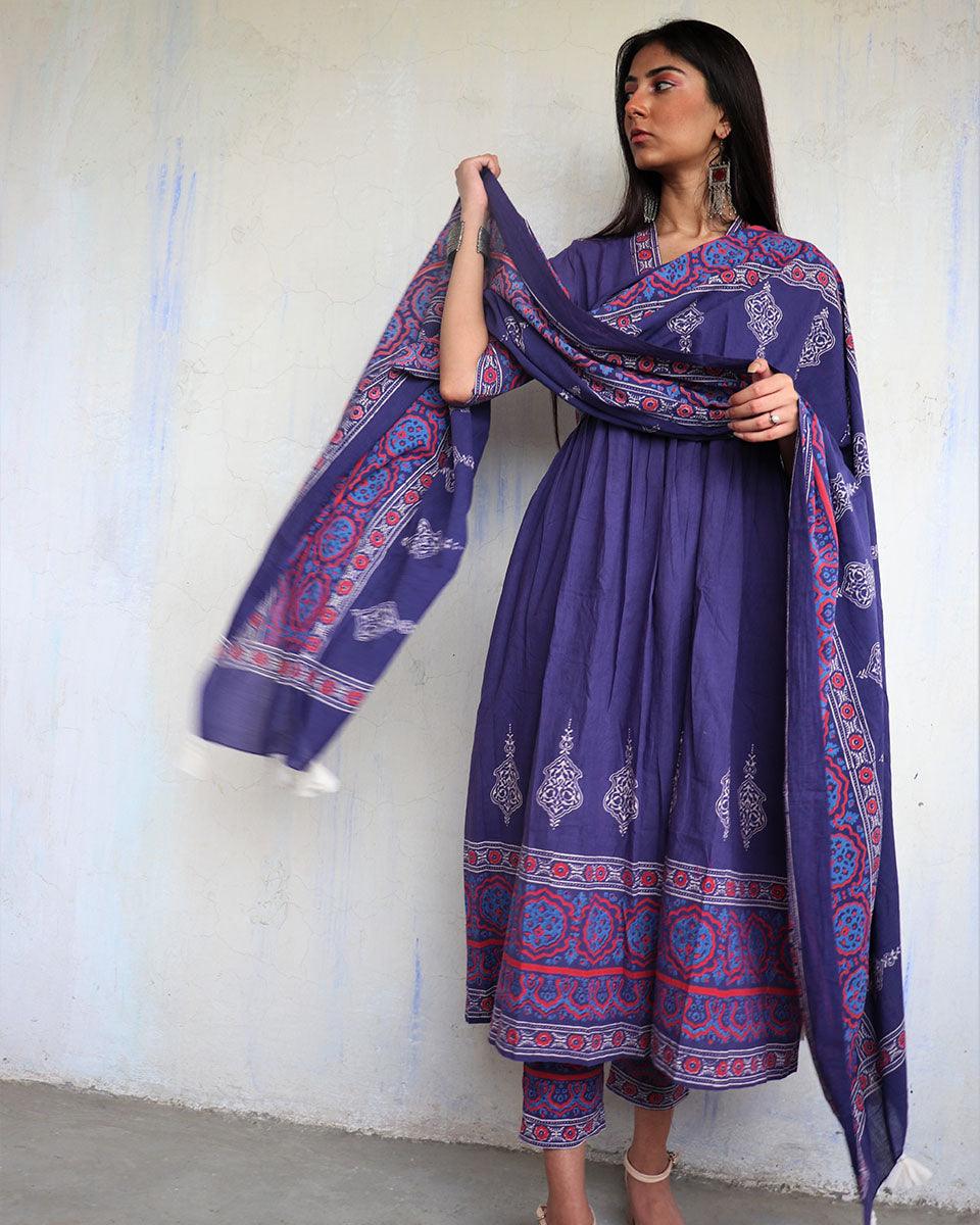 Blue Pure Cotton Block Printed Dupatta-Ajooni - Image 5