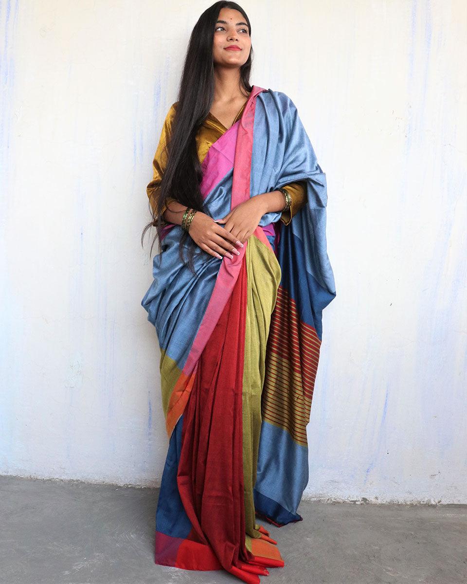Satrang Handwoven Pure Cotton Viscose Saree - Holi - Image 8