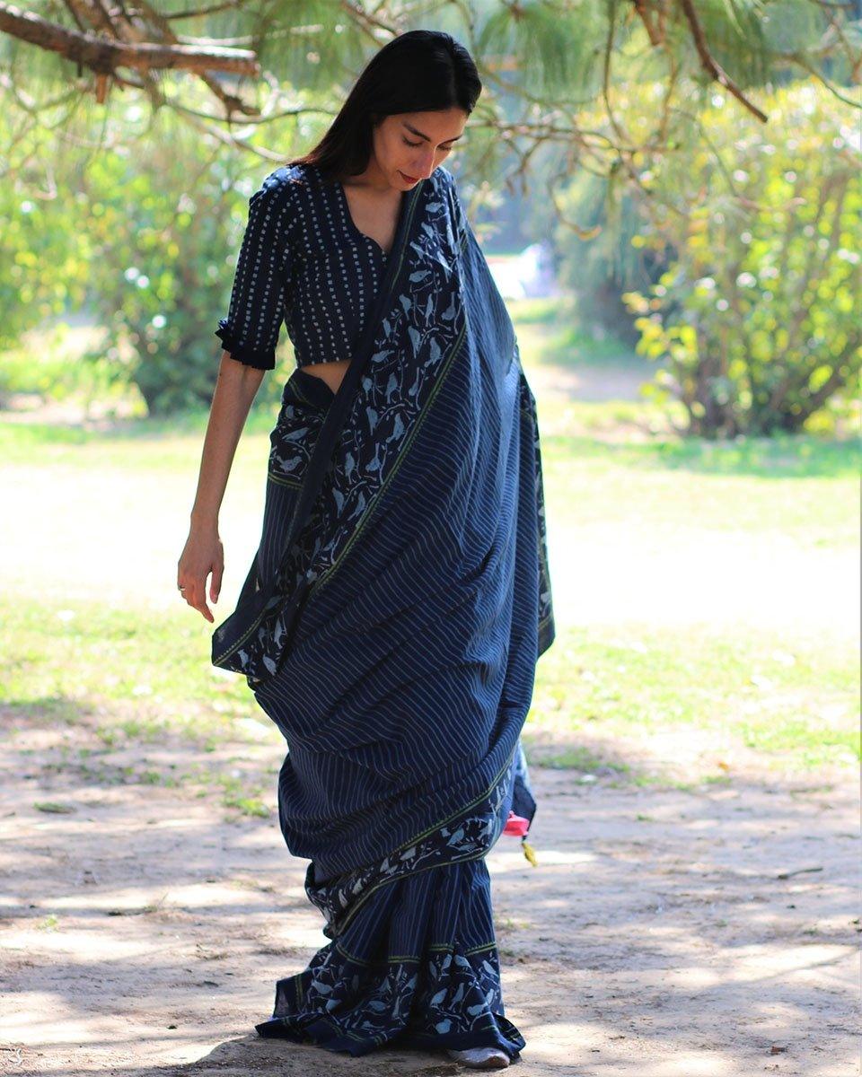 Blue Bird Hand Blockprinted Cotton Saree - Image 2