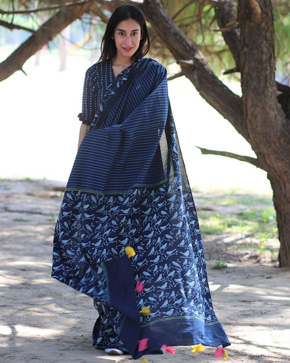 Blue Bird Hand Blockprinted Cotton Saree - Image 6