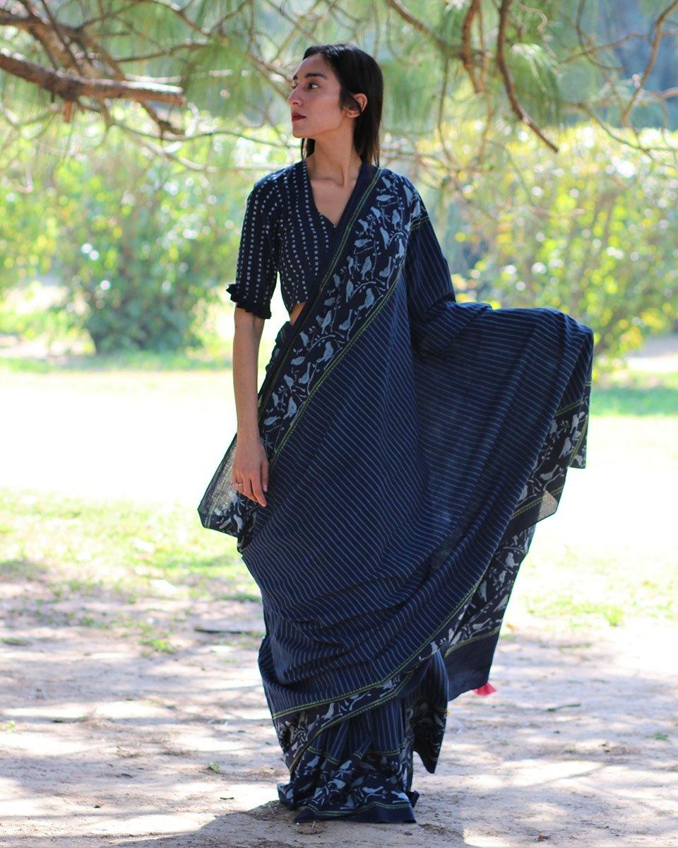 Blue Bird Hand Blockprinted Cotton Saree - Image 7