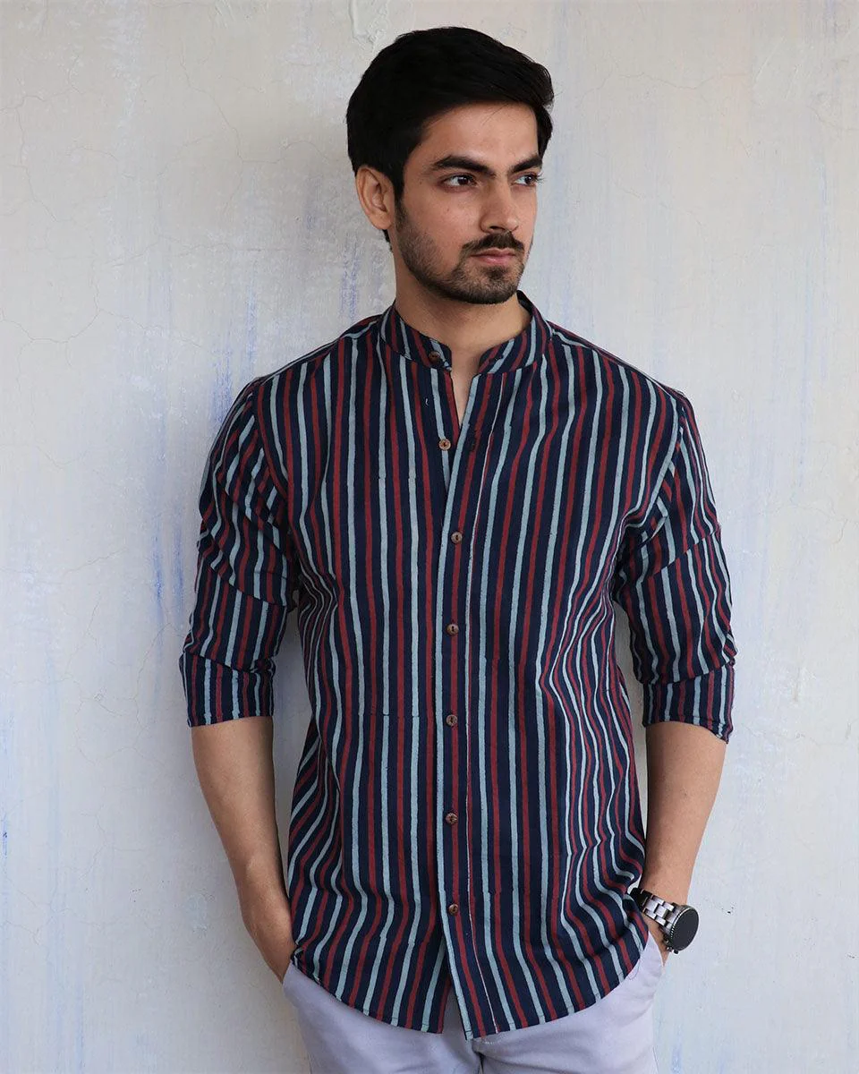 Blue Stripe Block-Printed Men'S Shirt - Image 2
